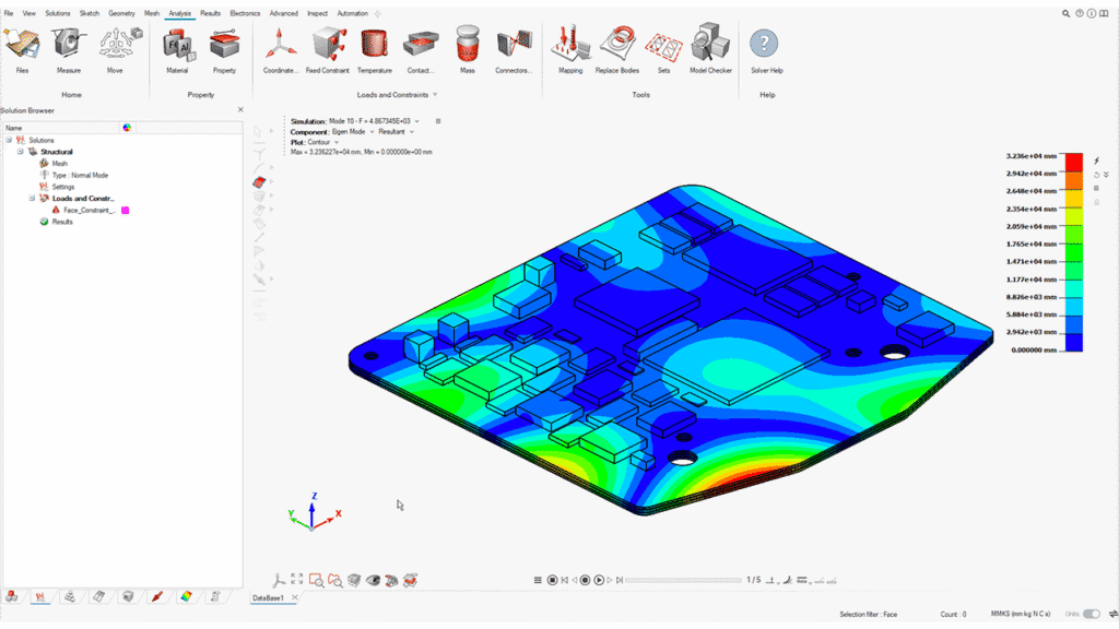 Simcenter Simlab interface showing PCB structural results