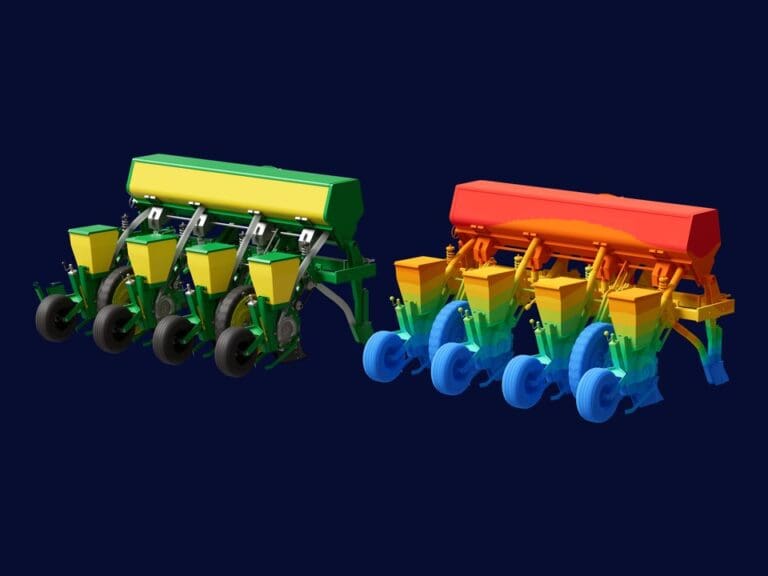 Seed planter in Simcenter SimSolid: the CAD assembly next to the same assembly with a stress contour