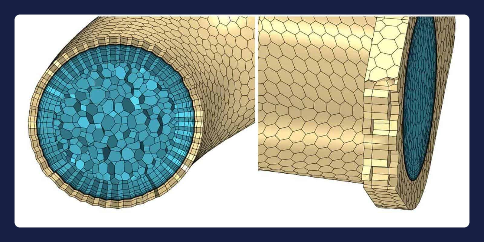 Simcenter STAR-CCM+ pipe mesh: polyhedral core cells with prism layers inside a thin-mesh wall, in two views