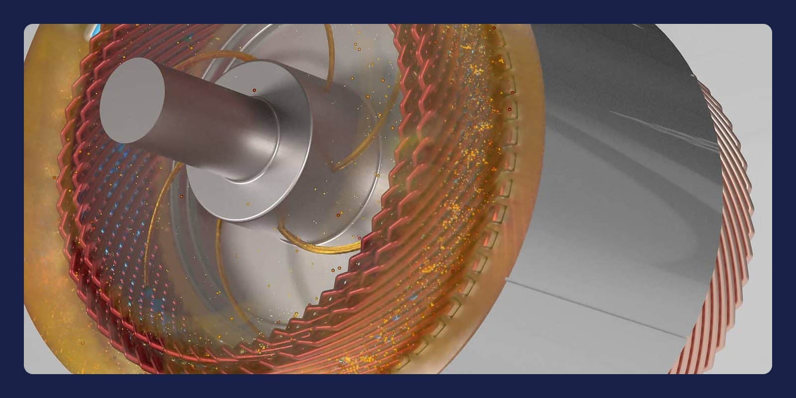 Electric motor cutaway in Simcenter STAR-CCM+, with spray droplets over the copper end windings and rotor shaft