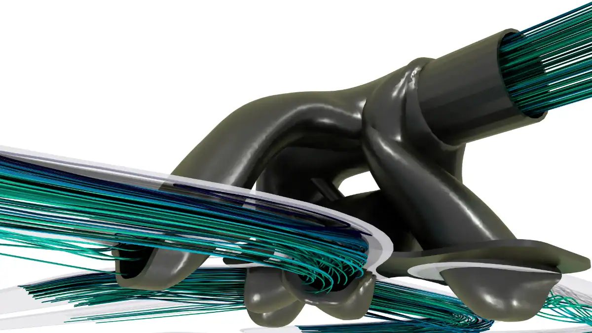 Optimised flow splitter from a CFD-based topology optimisation, with organic channels and streamlines running through them
