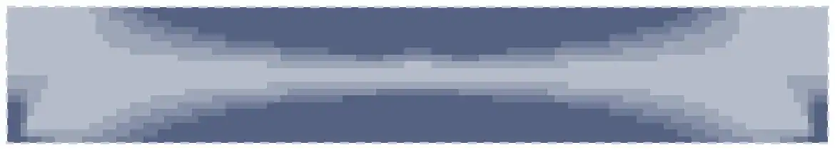 Element densities after the first iteration: grey material spread over most of the beam