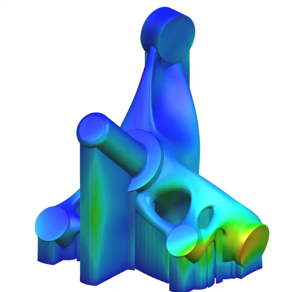 Topology-optimised steering knuckle on its support structures, coloured by printing distortion