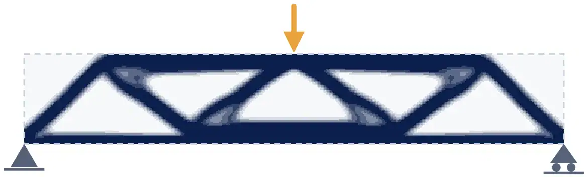 The optimised element densities, each element a square from white (empty) to dark blue (solid)