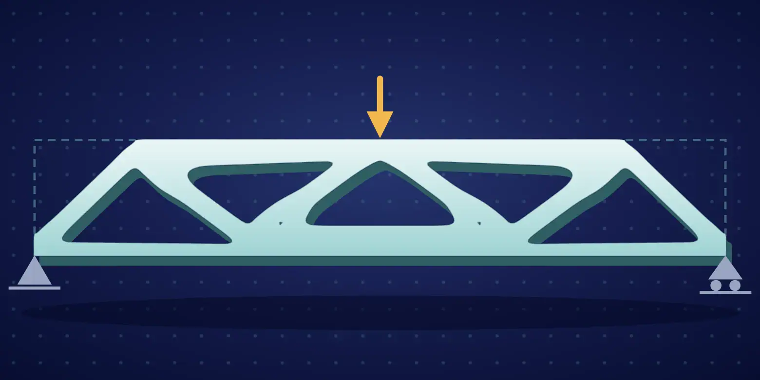 Topology optimisation result computed by Volupe: the MBB beam, simply supported and loaded at mid-span, as a truss of struts that uses half of the dashed design space