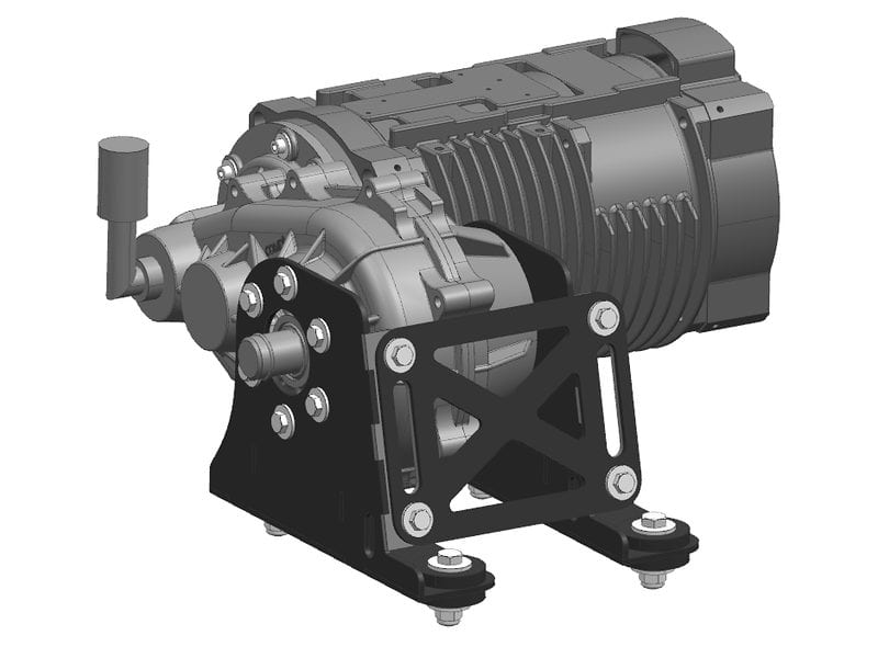 CAD model of an electric motor and gearbox on a black mounting bracket
