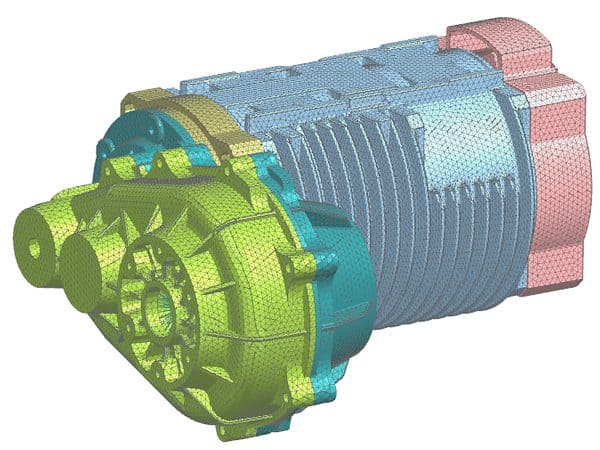 The same e-motor as a finite element model, its parts meshed and coloured by component