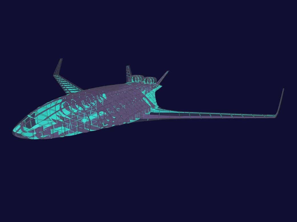 A blended-wing-body aircraft drawn as a teal and violet wireframe of its internal structure on a dark navy background
