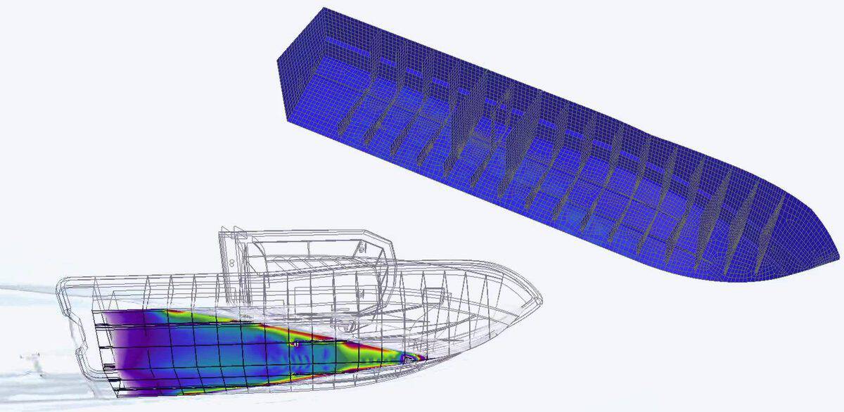 A boat hull coloured by wave pressure, in front of its meshed structural model