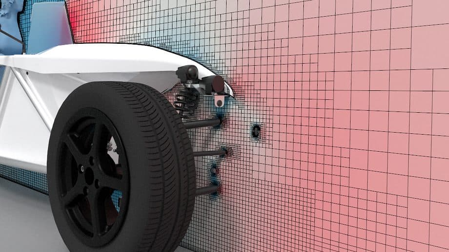 A race car in a CFD domain; a vertical cut plane shows a cubic mesh, refined near the car and coloured by pressure