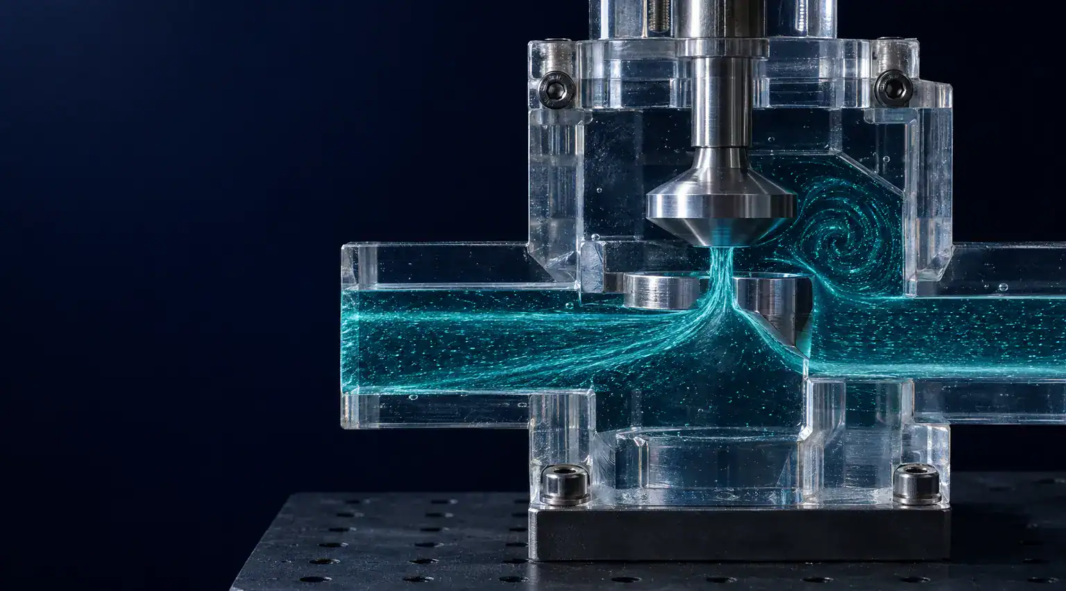 Illustration: water flowing through a transparent valve model, with the poppet lifted off its seat