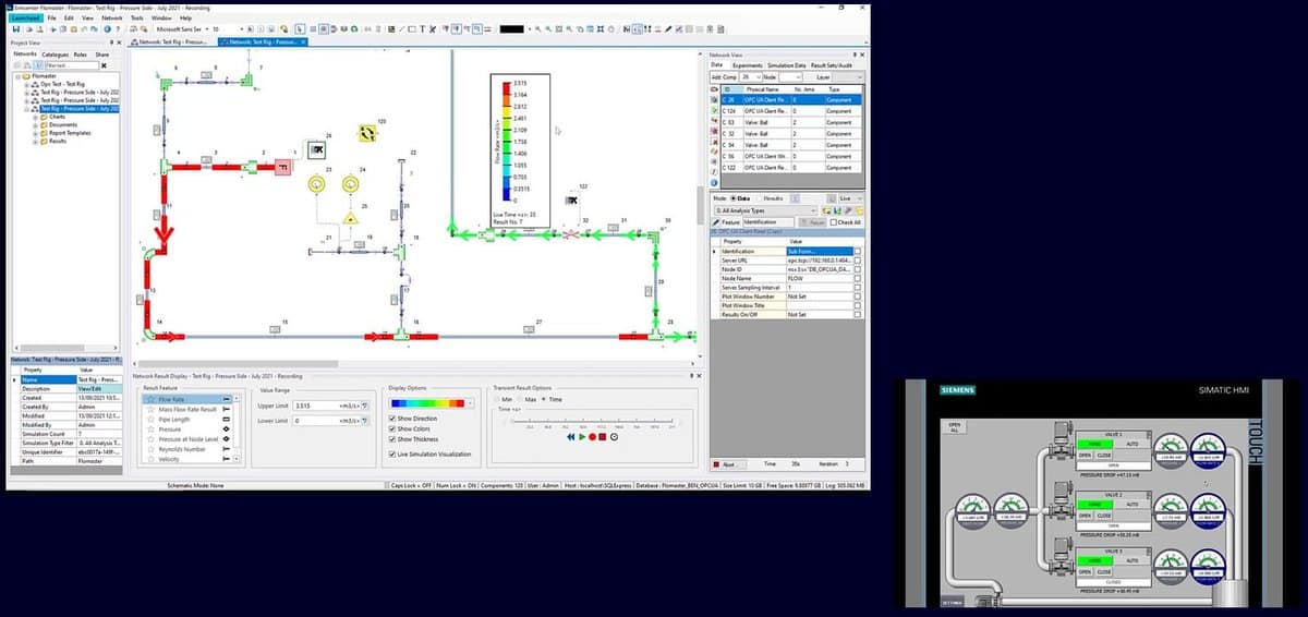Simcenter Flomaster network model on screen next to the touch panel of a SIMATIC plant controller
