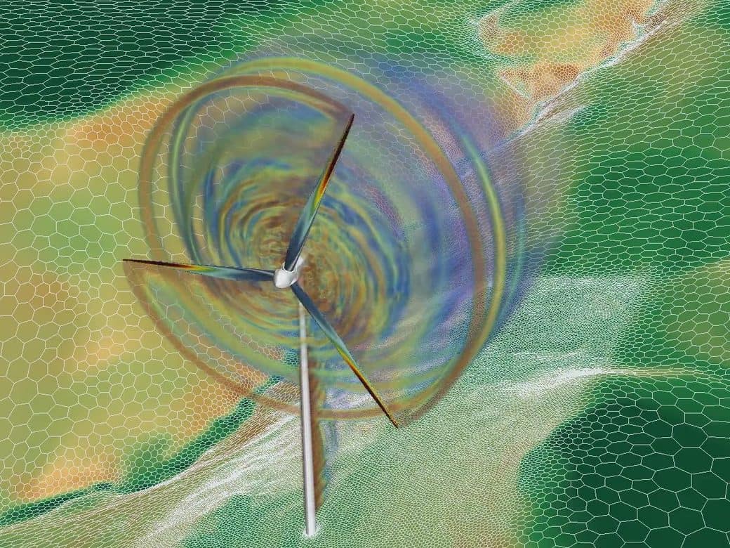Simulated flow around a wind turbine on hilly terrain, with swirling vortex structures behind the rotor