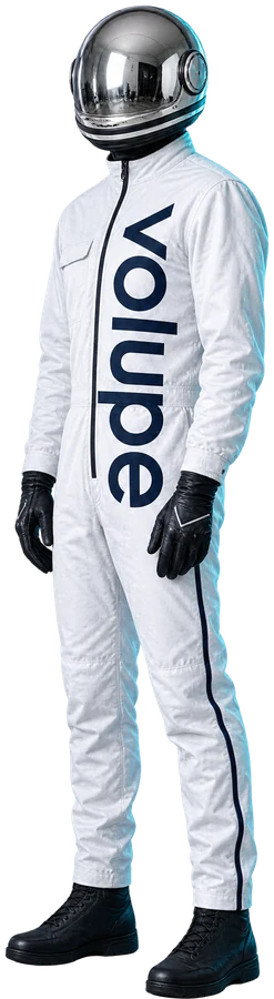 Volupe mascot in a white racing suit and chrome helmet